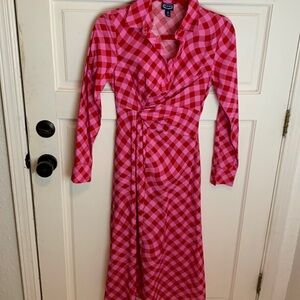 Pink and red checkered print dress